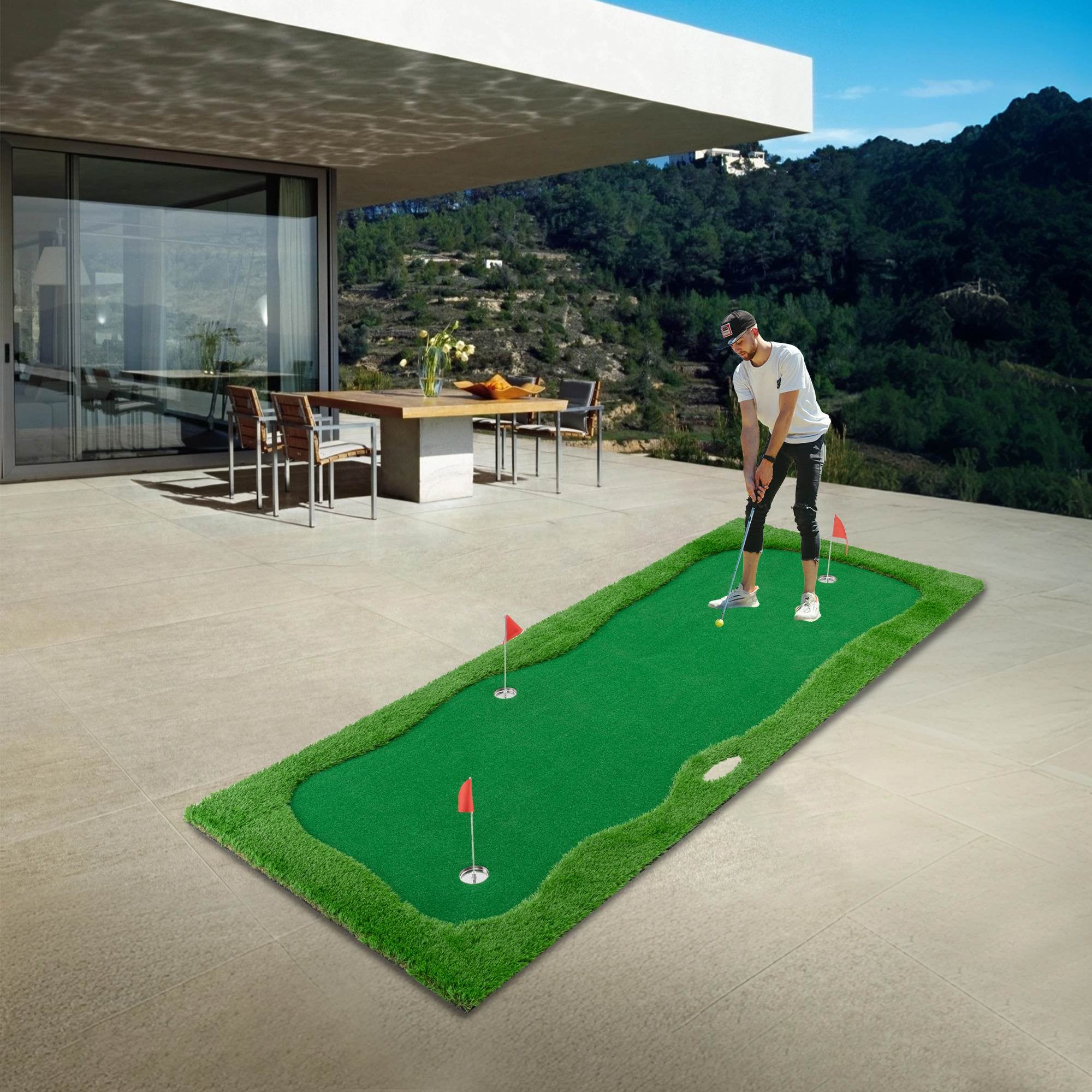 10X5 FT Golf Putting Green, Golf Training Mat with High-Quality Turf, 3 Holes, 3 Flags and Cups for Indoor Outdoor