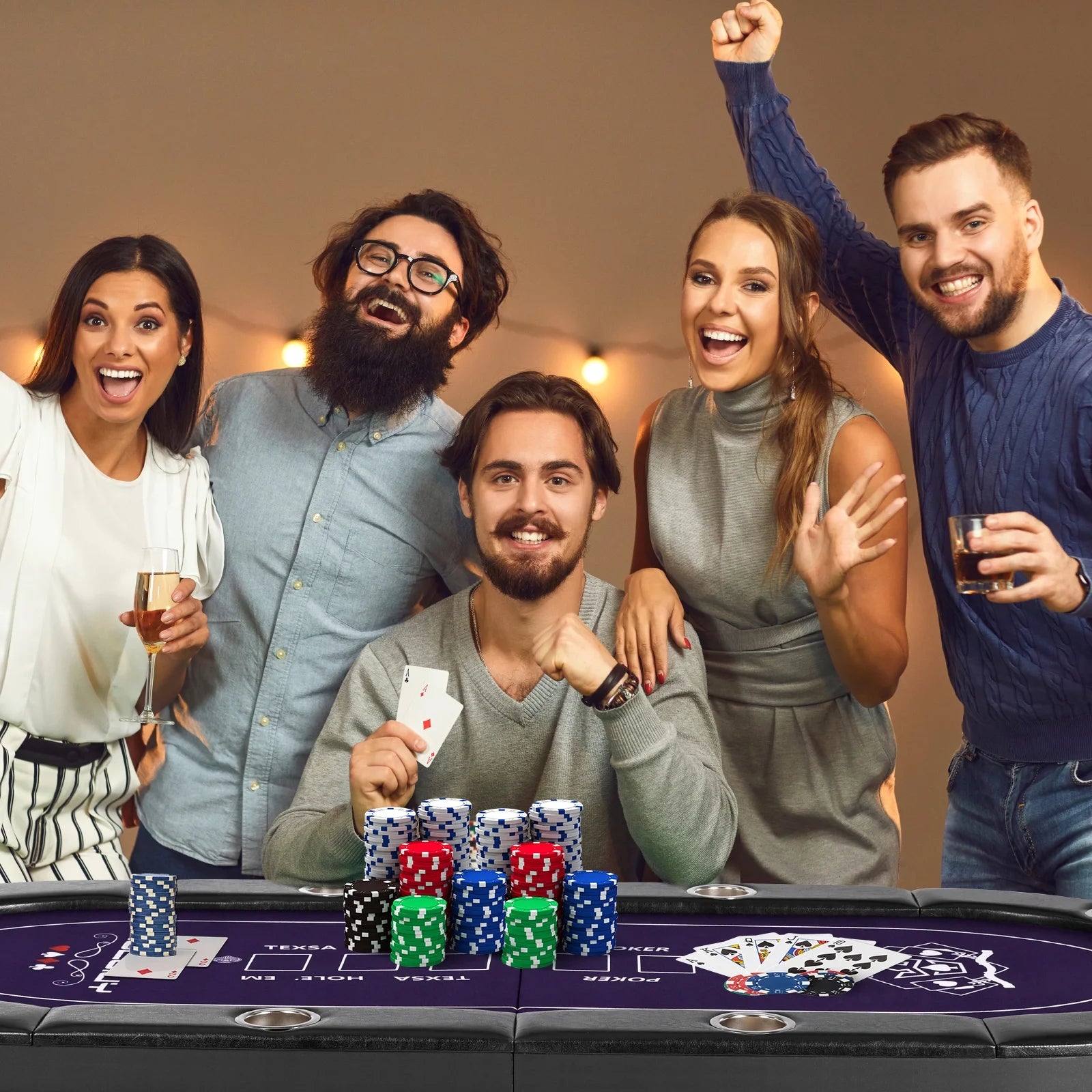 8 Player Poker Table Foldable, Casino Grade Felt, Padded Rails and Cup Holders, Portable Poker Table for Texas Holdem Poker and Blackjack, (71 In)