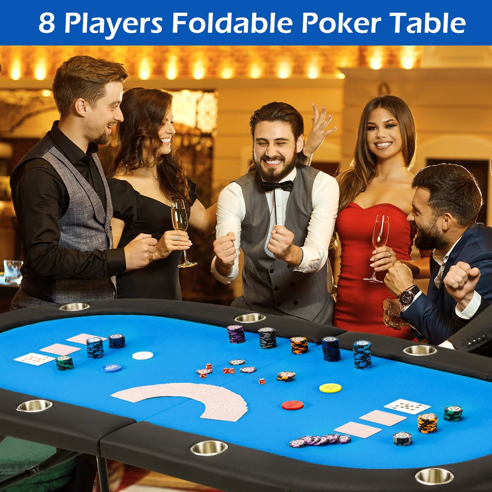 30" 8-Player Poker Table Foldable, Oval Gaming Table W/Stainless Cup Holder, Blue
