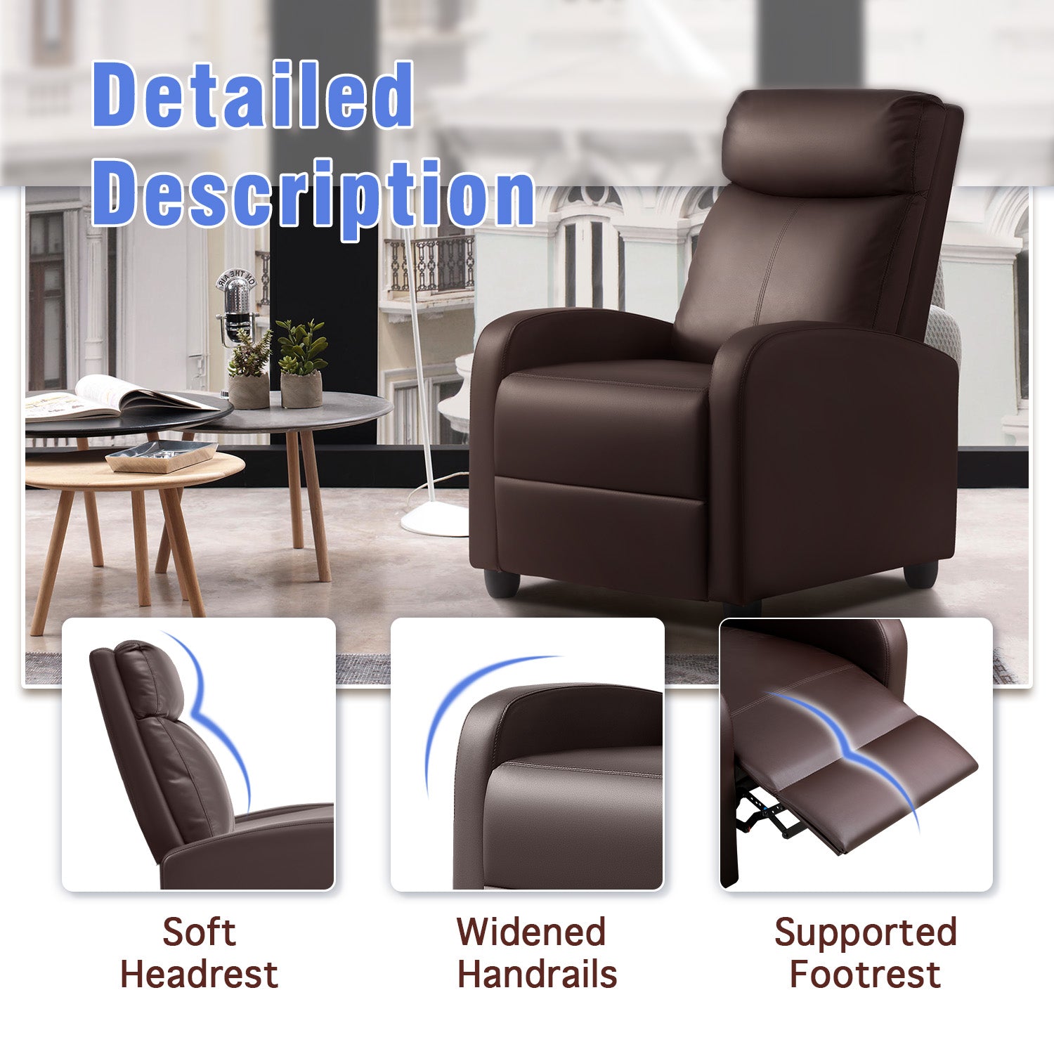 Massage Recliner Chair Single Sofa Chair Small Recliner PU Leather Living Room Sofa,Brown
