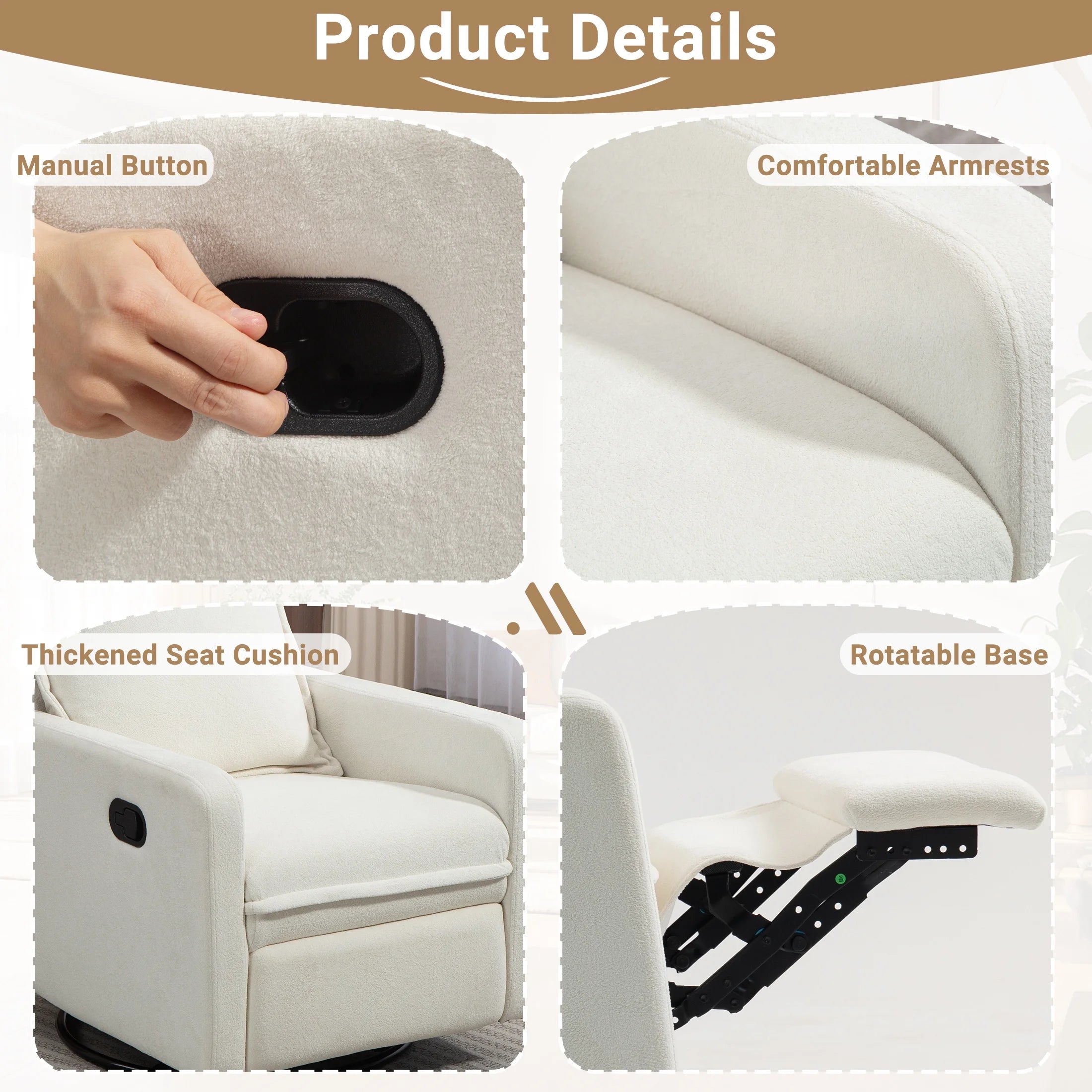 360° Swivel Rocker Recliner for Adults, Small Rocking Recliner for Small Spaces, Glider Recliner for Nursery, Rocking Chair , Manual Recliner Chair for Living Room, Bedroom, White