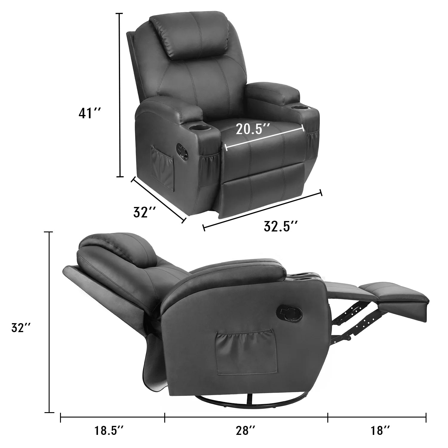 Swivel Rocking Recliner Chair Massage PU Leather 360 Swivel Rocker Recliner Living Room Chair Home Theater Seating ,Pu Leather Black