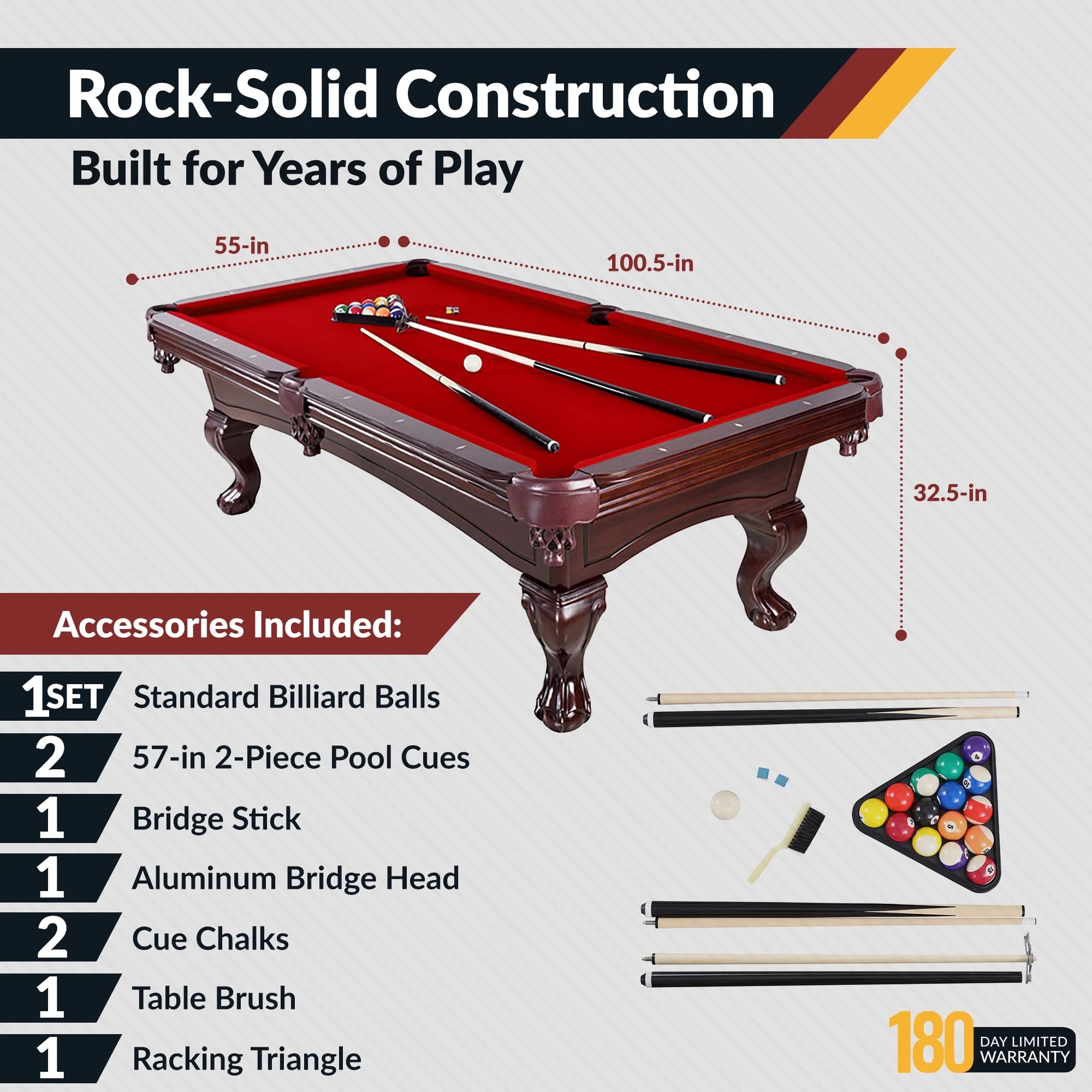 Augusta 8-Ft Pool Table - Mahogany Finish with Red Felt