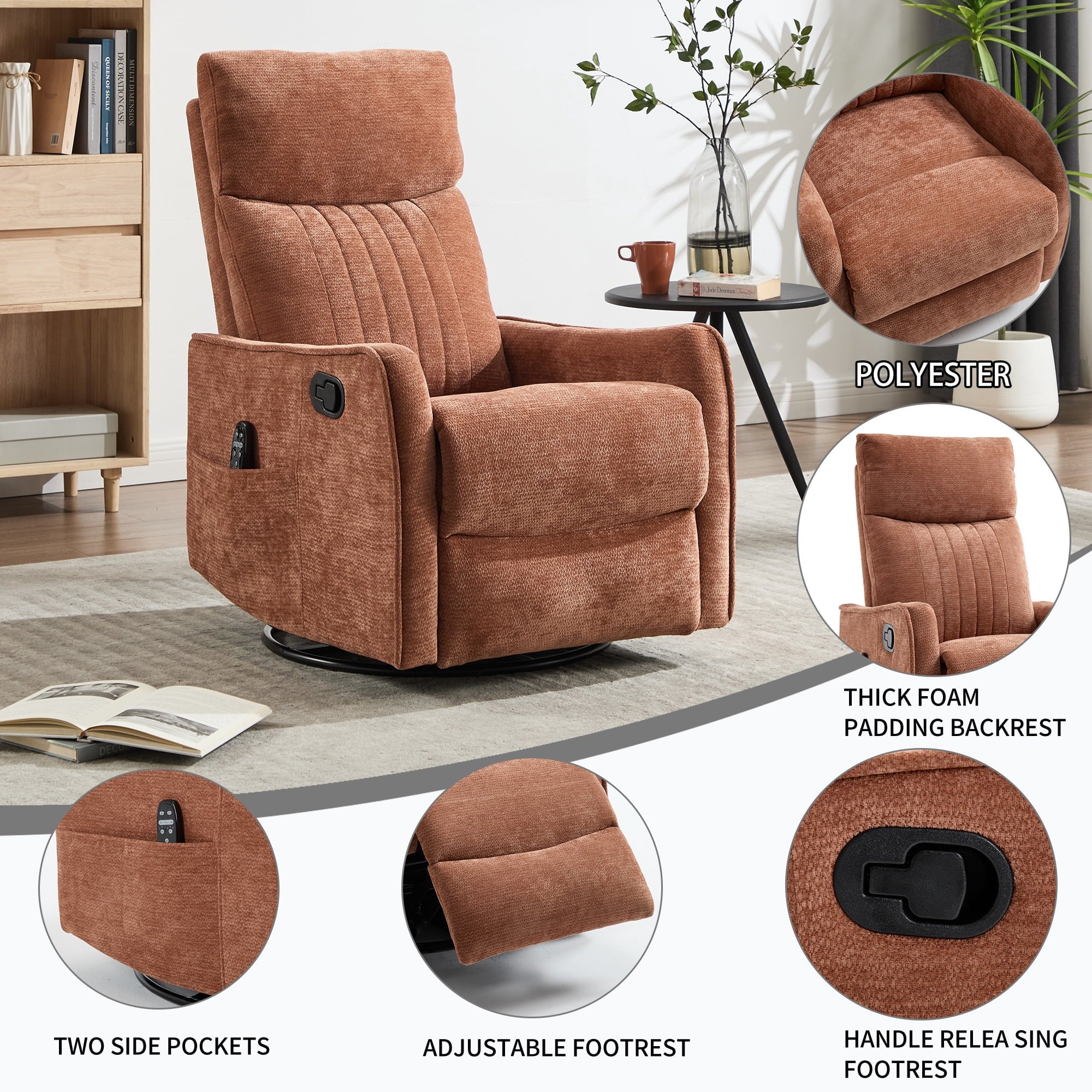 Swivel Rocker Recliner, Fabric 360°Swivel Rocking Chair with Massage and Heat, Glider Rocking Recliner for Nursery, Small Rocker Chair Manual Recliner for Home Theater Living Room, Orange