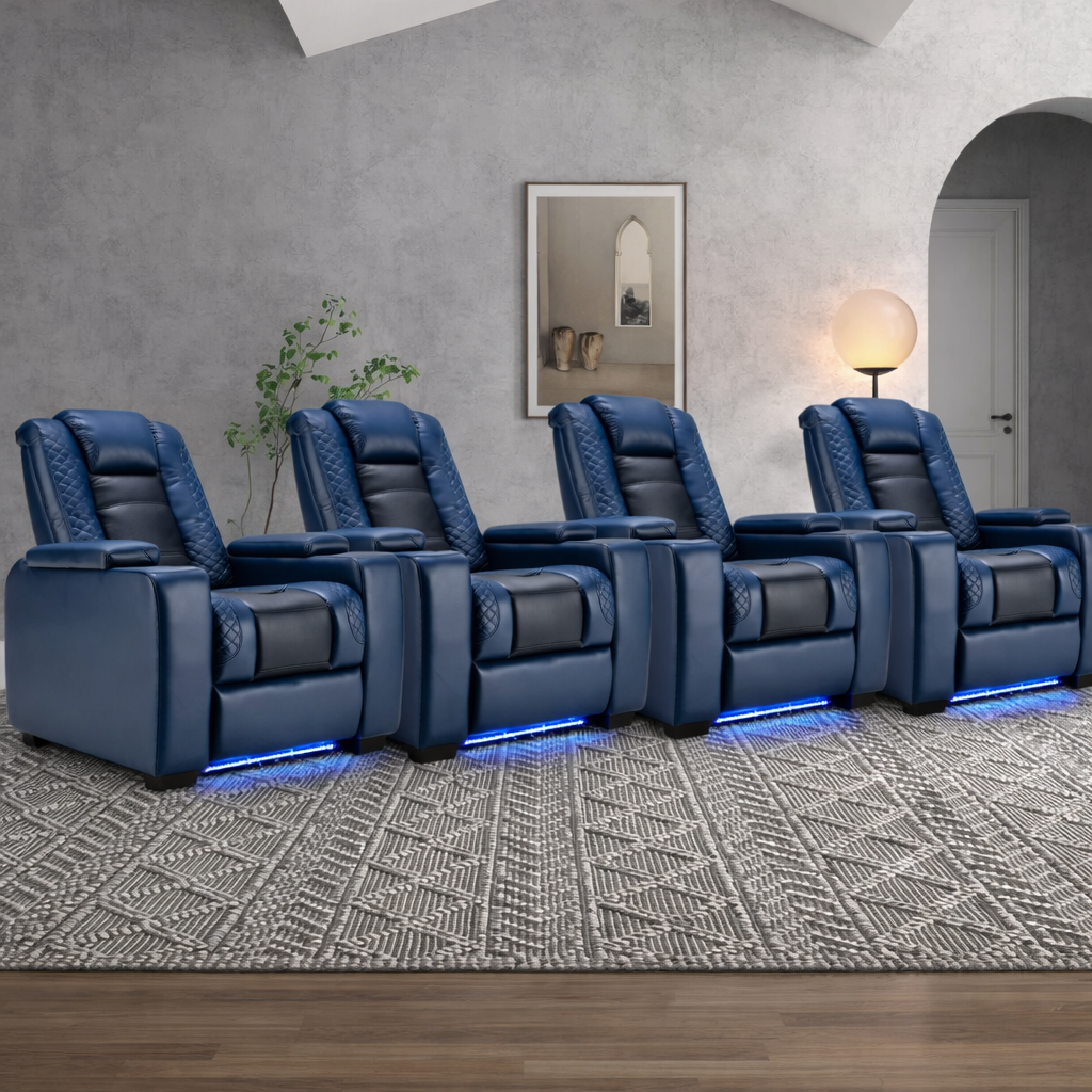 Valdur Adjustable Headrest Power Recliner Man Cave Home Theater Chair with Cup Holders USB LED (Set of 4)
