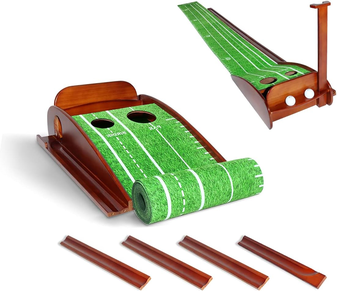 Golf Putting Mat-Putting Green with Ball Return, Putting Matt for Indoors with Solid Wood Base & Rubber Velvet Putting Mat, Golf Putting Green Practice Equipment for Indoor & Outdoor Use
