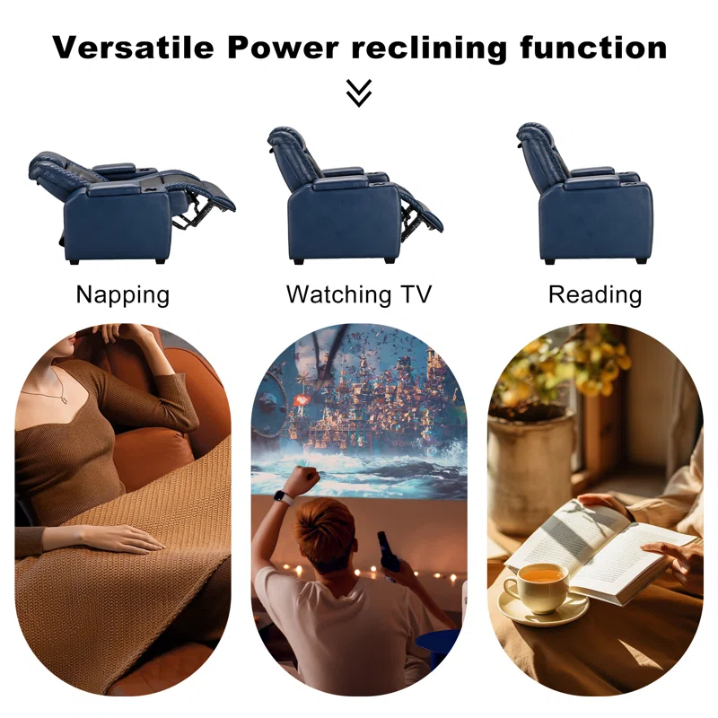 Valdur Adjustable Headrest Power Recliner Man Cave Home Theater Chair with Cup Holders USB LED (Set of 4)