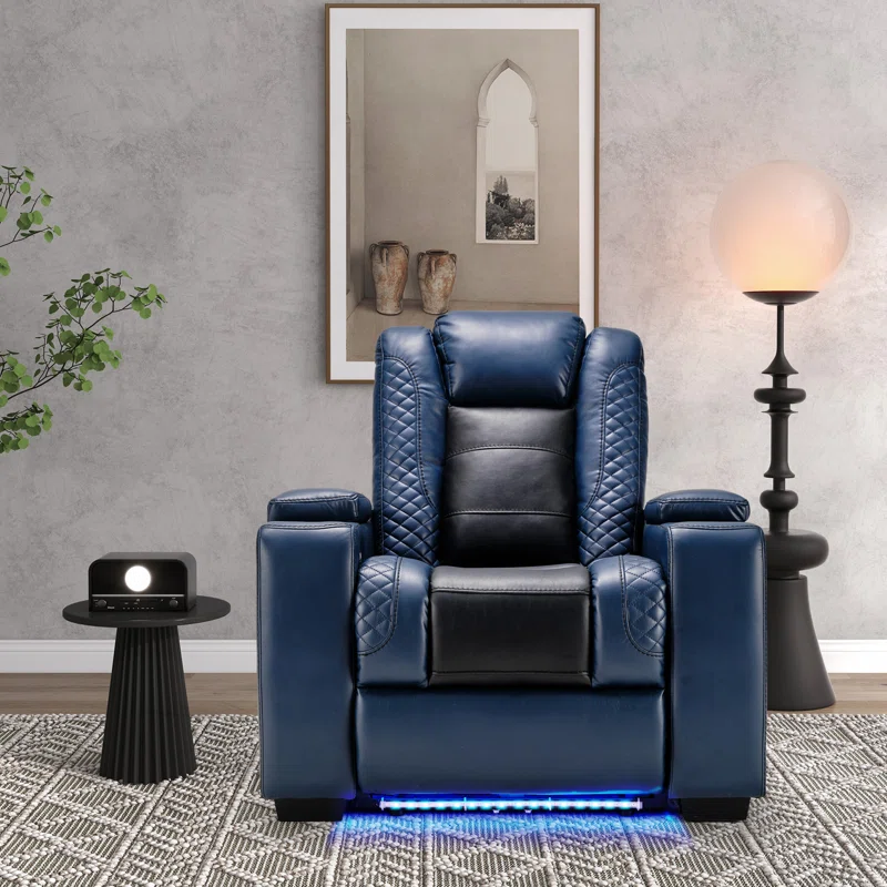 Valdur Adjustable Headrest Power Recliner Man Cave Home Theater Chair with Cup Holders USB LED (Set of 4)