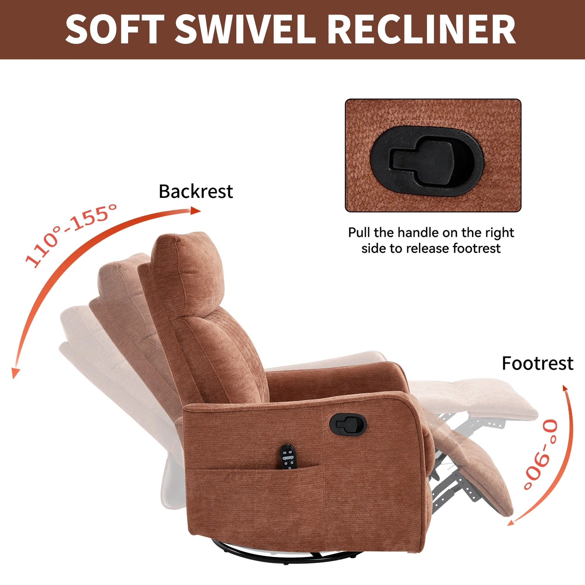 Swivel Rocker Recliner, Fabric 360°Swivel Rocking Chair with Massage and Heat, Glider Rocking Recliner for Nursery, Small Rocker Chair Manual Recliner for Home Theater Living Room, Orange