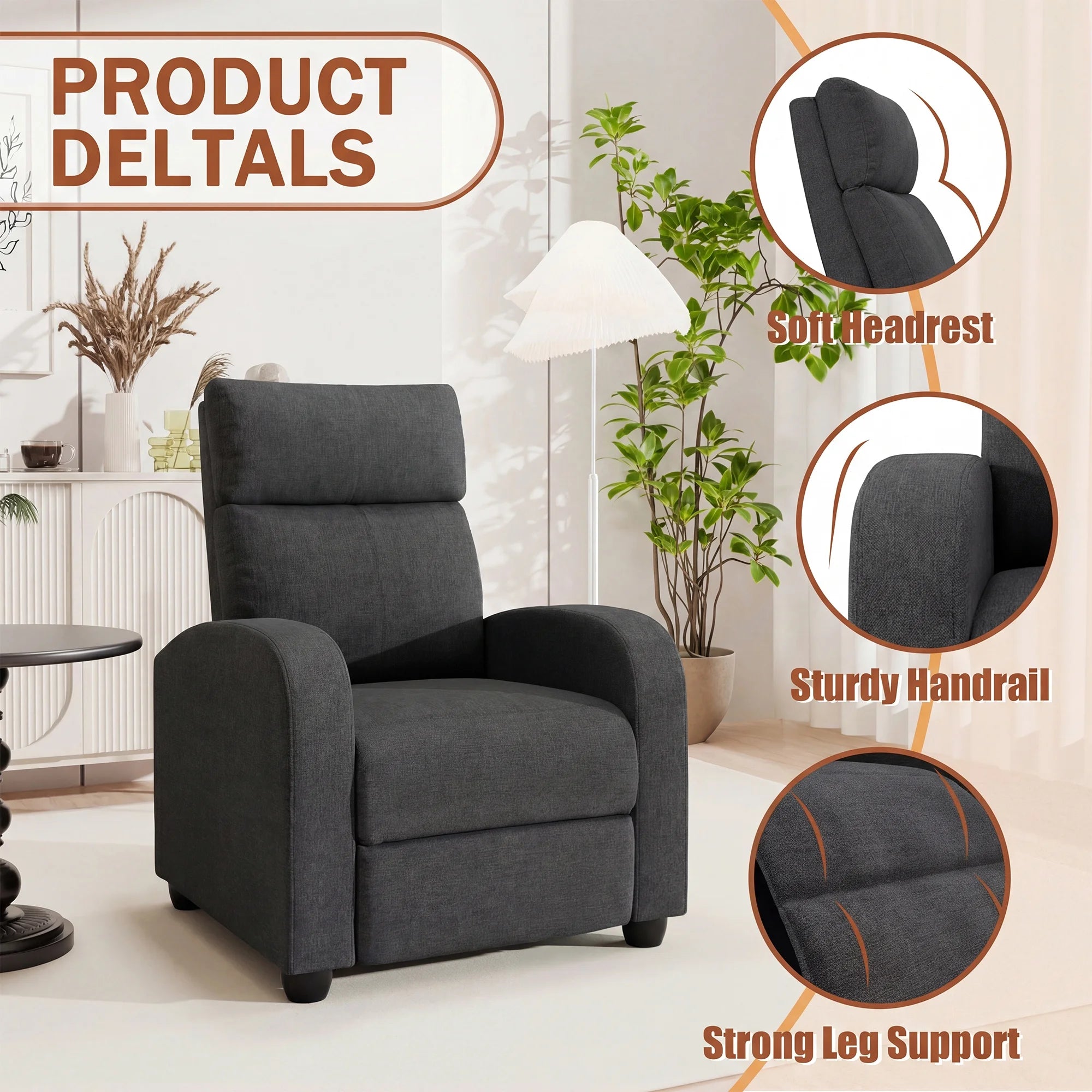 Recliner Chair Fabric Single Sofa Home Theater Recliners with Lumbar Support for Living Room,Fabric Gray