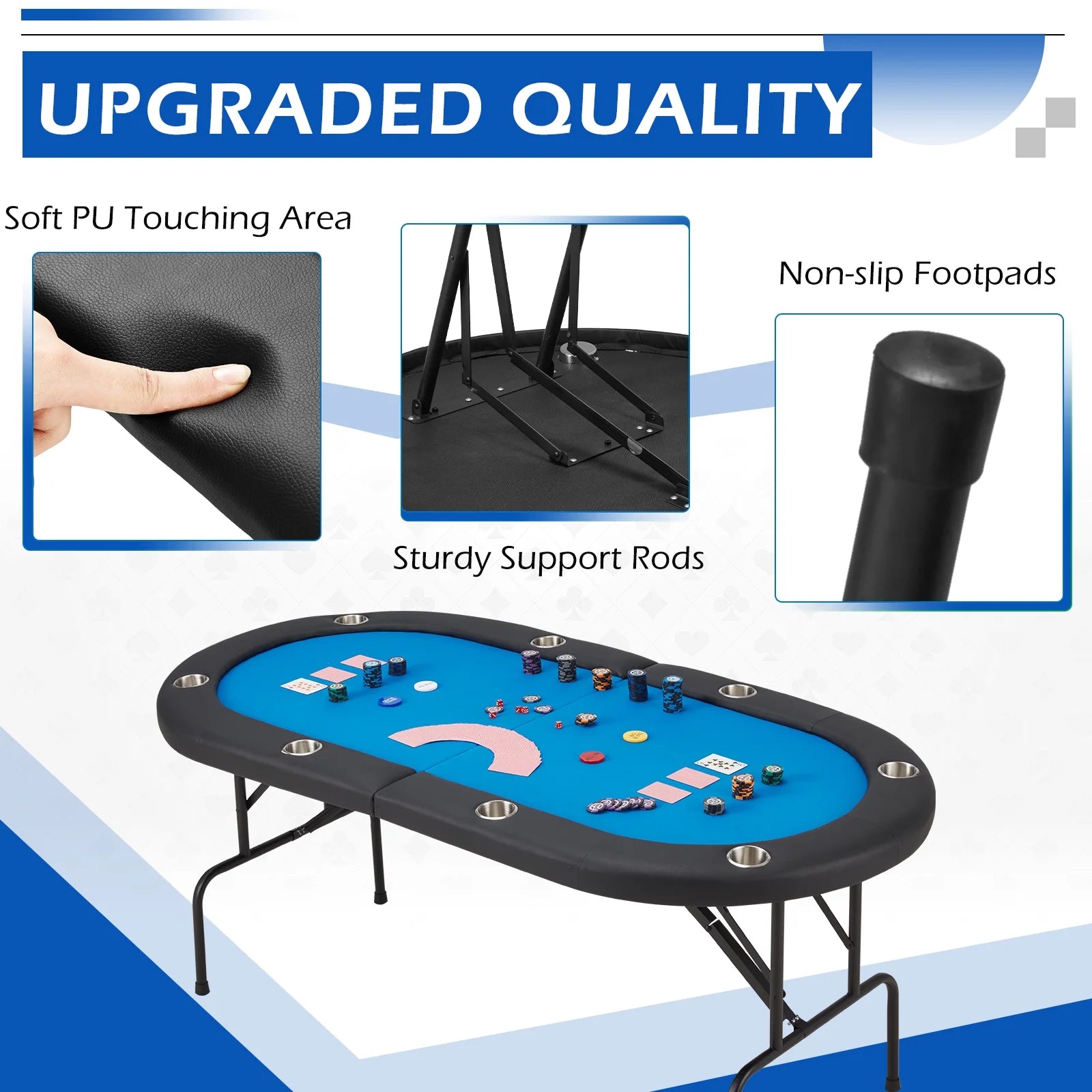 30" 8-Player Poker Table Foldable, Oval Gaming Table W/Stainless Cup Holder, Blue