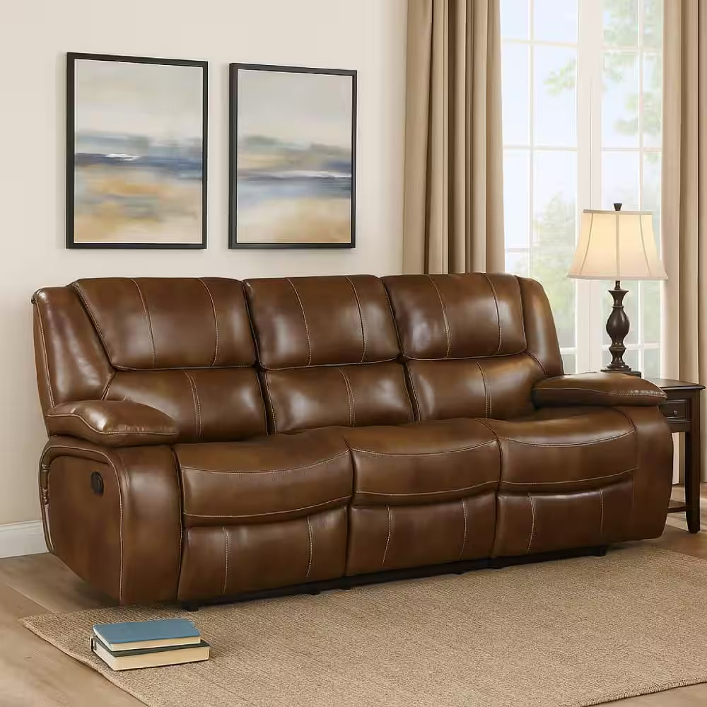 86.5 In. Pillow Top Arms Faux Leather Rectangle with Double Reclining Sectional Sofa in Brown