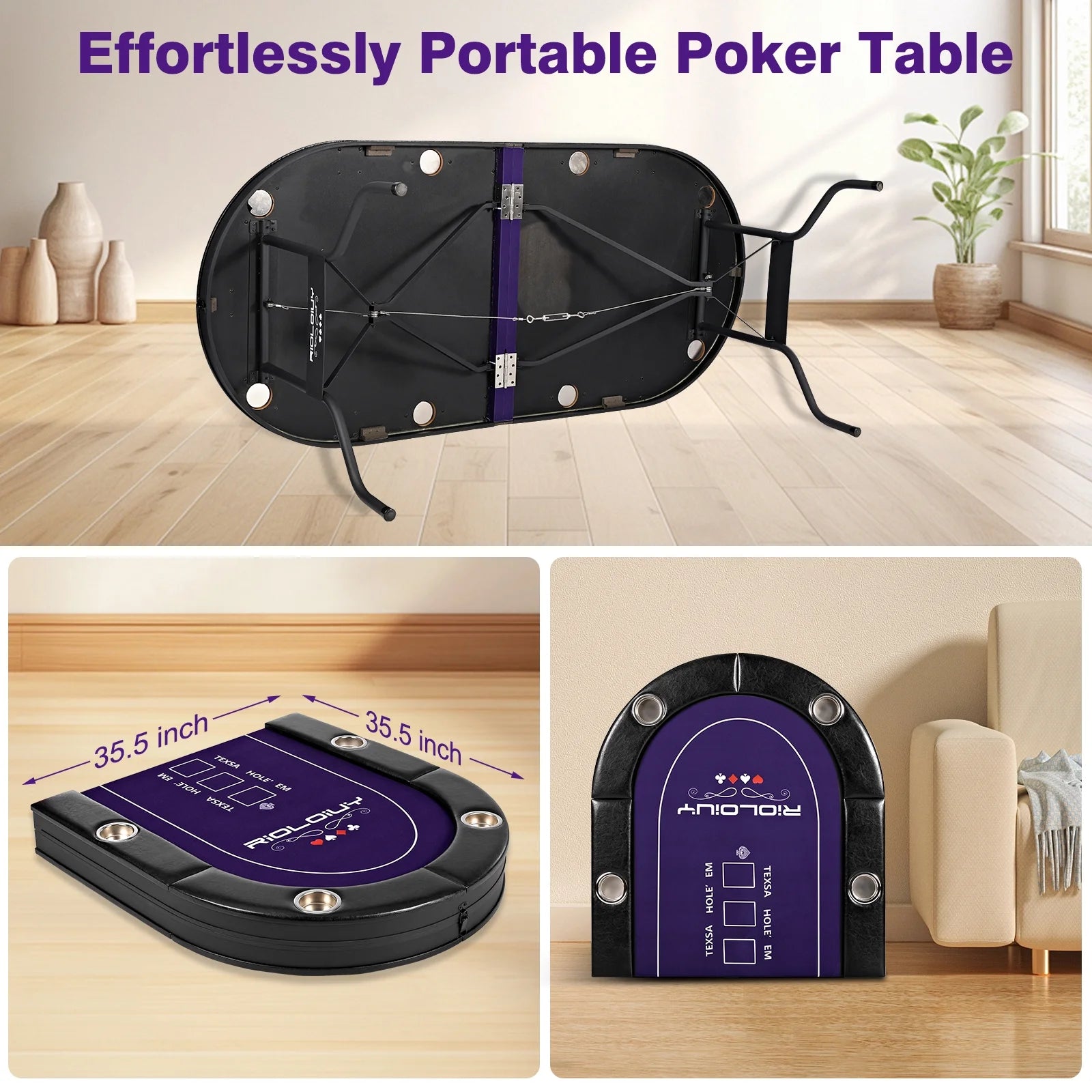 8 Player Poker Table Foldable, Casino Grade Felt, Padded Rails and Cup Holders, Portable Poker Table for Texas Holdem Poker and Blackjack, (71 In)